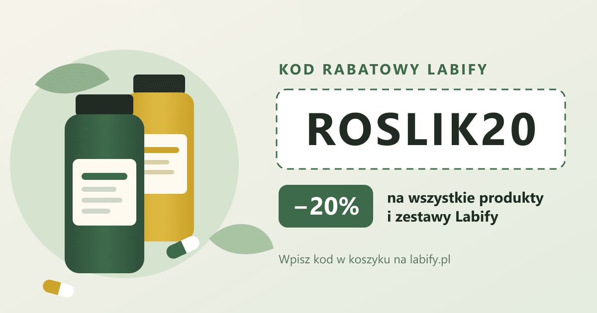 Kod rabatowy Labify ROSLIK20 dający 20% zniżki na wszystkie suplementy i zestawy Labify